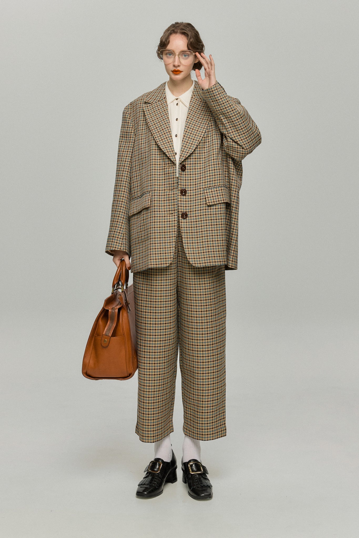 ハイウエストワイドチェックパンツ-Brown