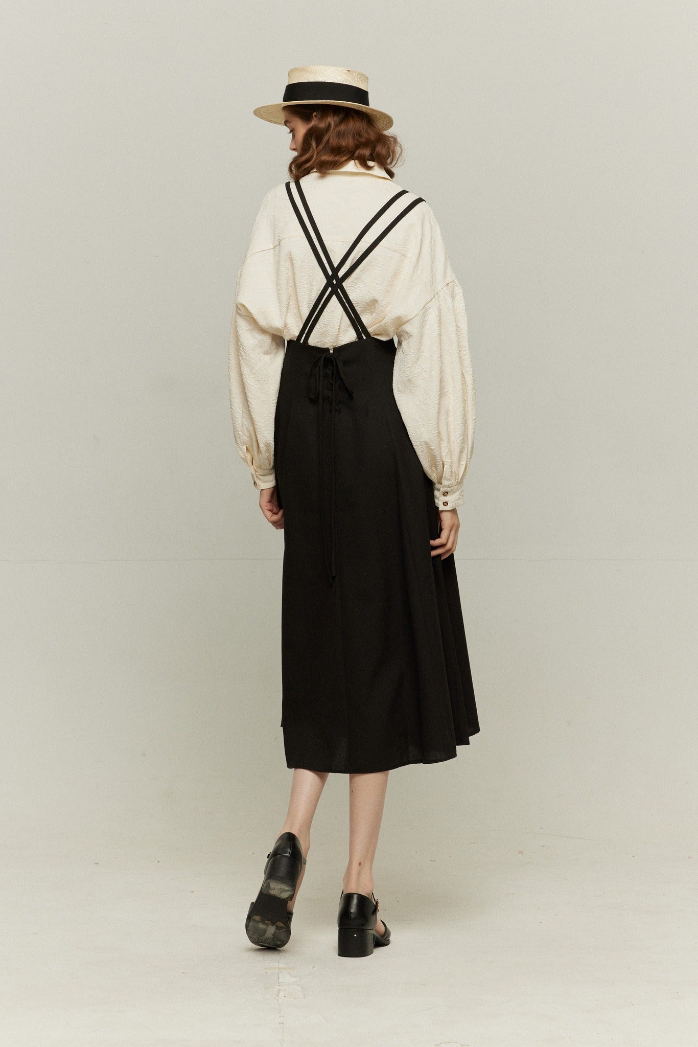ダブルシンショルダーストラップサスペンダースカート-Black