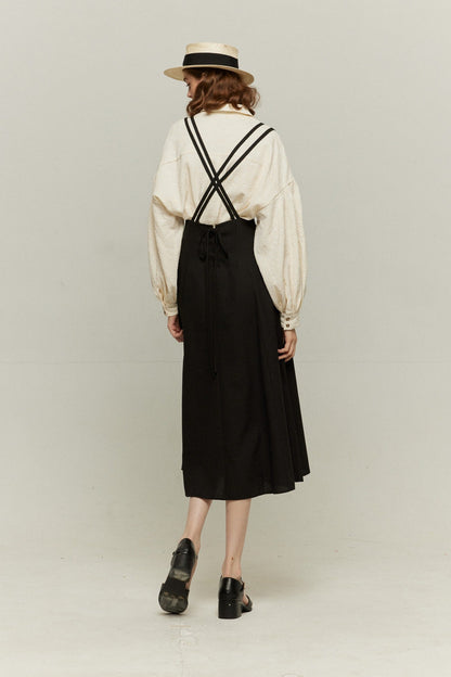 ダブルシンショルダーストラップサスペンダースカート-Black