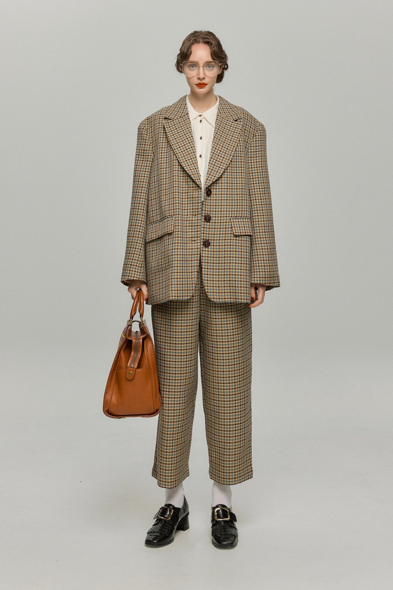 ハイウエストワイドチェックパンツ-Brown