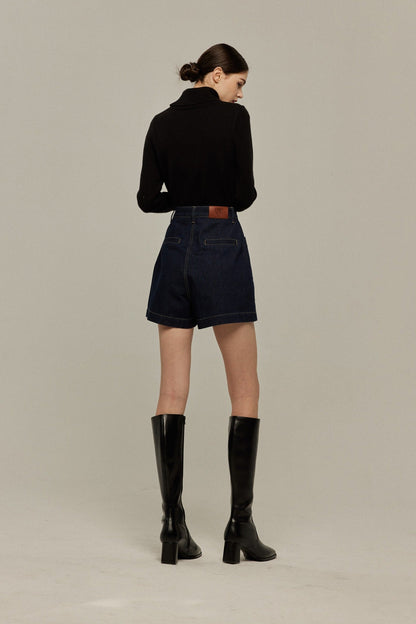 ハイウエストショートデニムパンツ-Navy