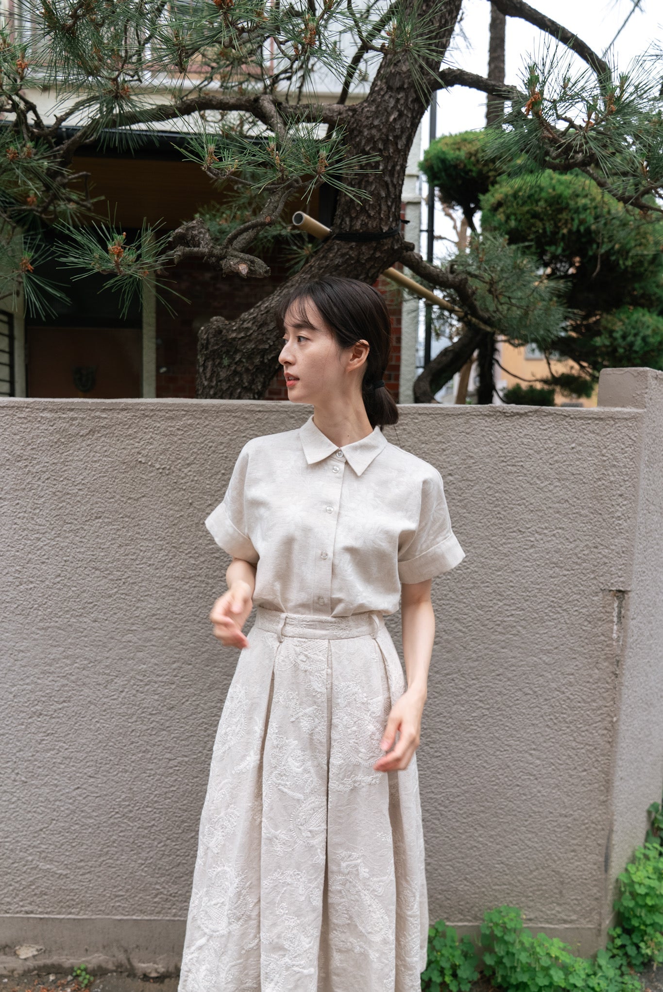 フロントタックハイウエストスカート-Ivory