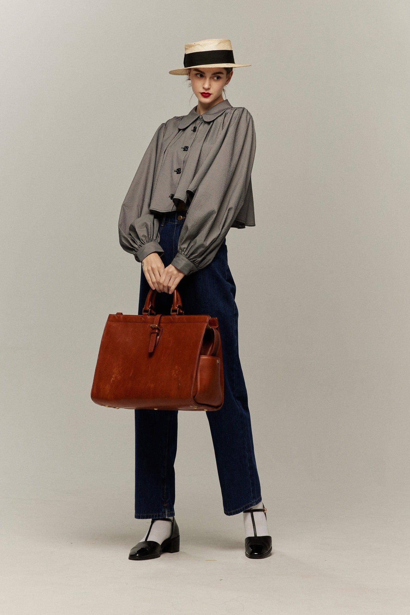ハイウエストストレートデニムパンツ-Navy