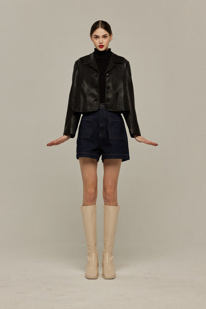 ハイウエストショートデニムパンツ-Navy