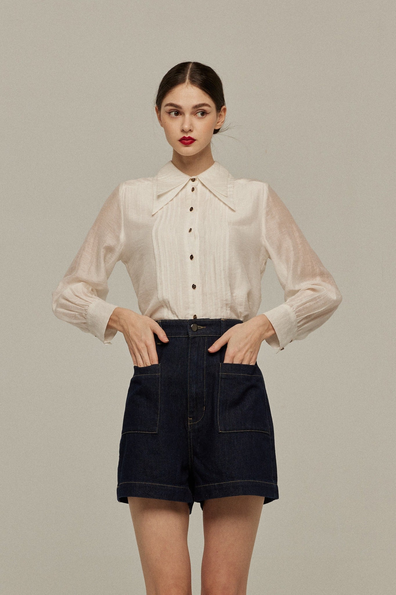 ハイウエストショートデニムパンツ-Navy