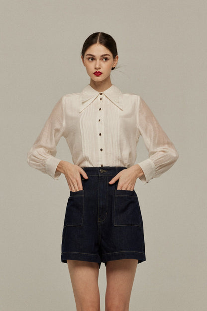ハイウエストショートデニムパンツ-Navy