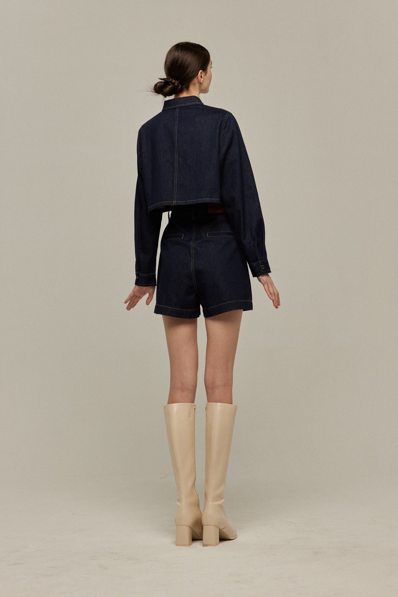 ハイウエストショートデニムパンツ-Navy