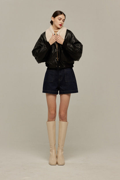 ハイウエストショートデニムパンツ-Navy