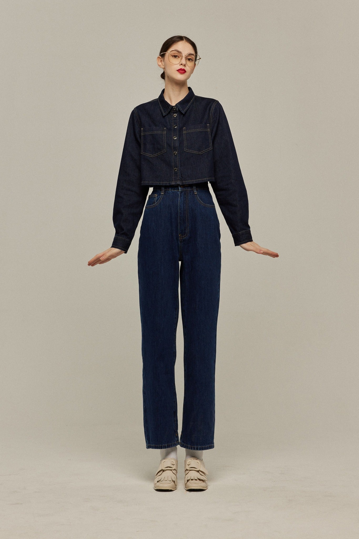 ハイウエストストレートデニムパンツ-Navy