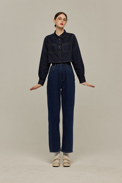 ハイウエストストレートデニムパンツ-Navy