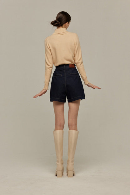 ハイウエストショートデニムパンツ-Navy
