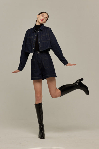 ハイウエストショートデニムパンツ-Navy