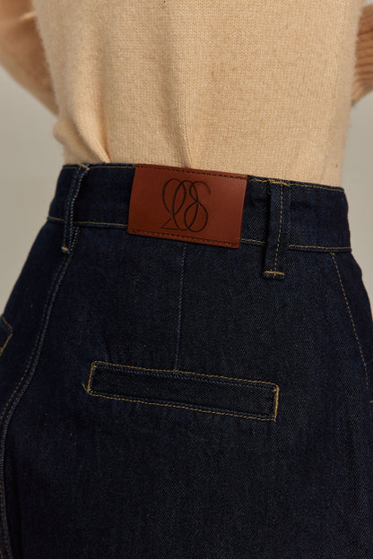 ハイウエストショートデニムパンツ-Navy