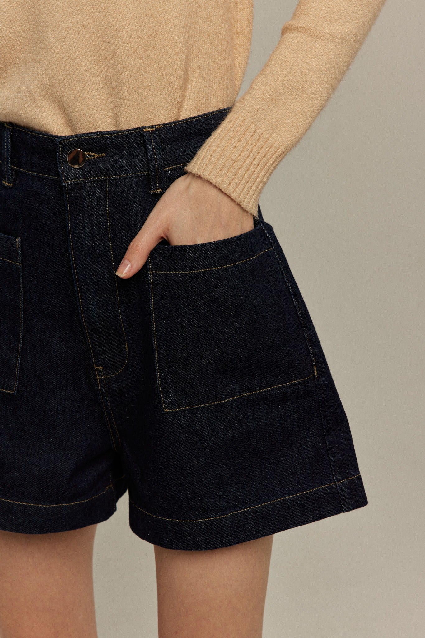 ハイウエストショートデニムパンツ-Navy