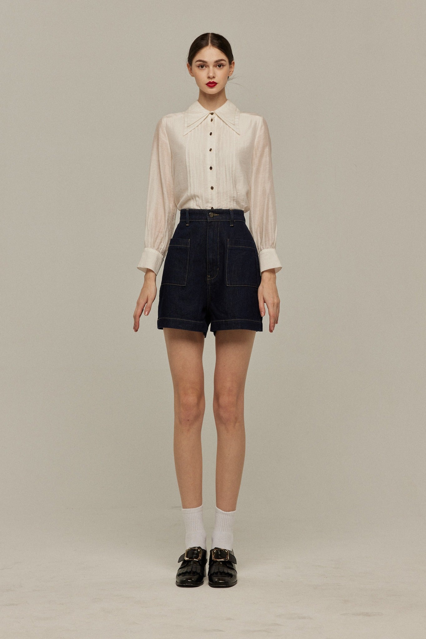 ハイウエストショートデニムパンツ-Navy