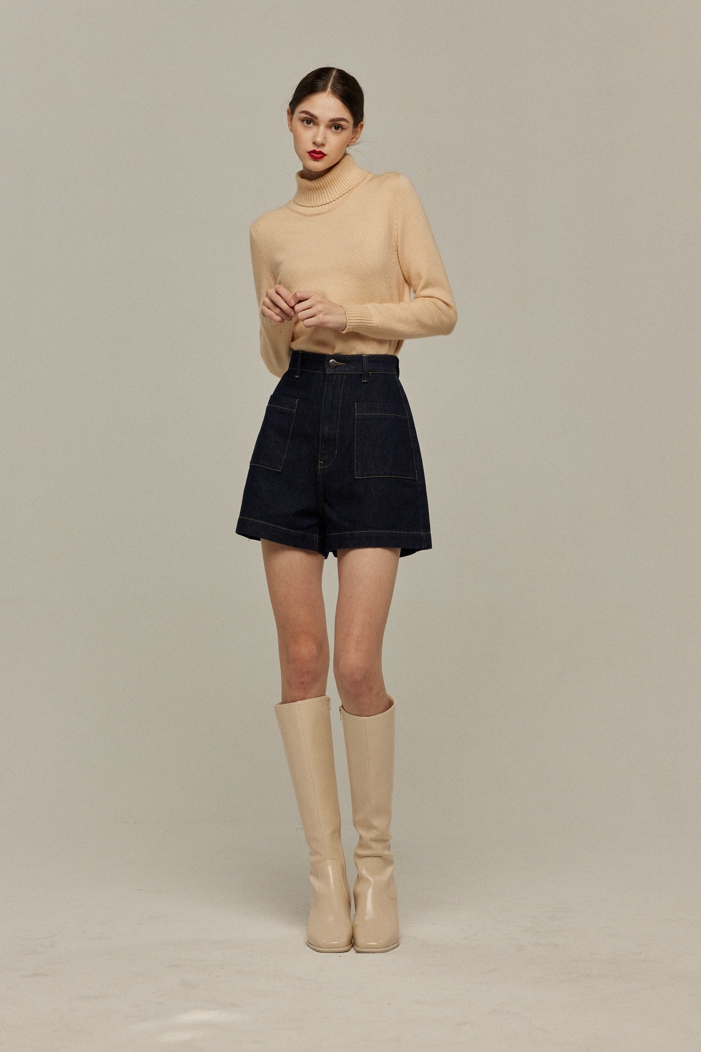 ハイウエストショートデニムパンツ-Navy