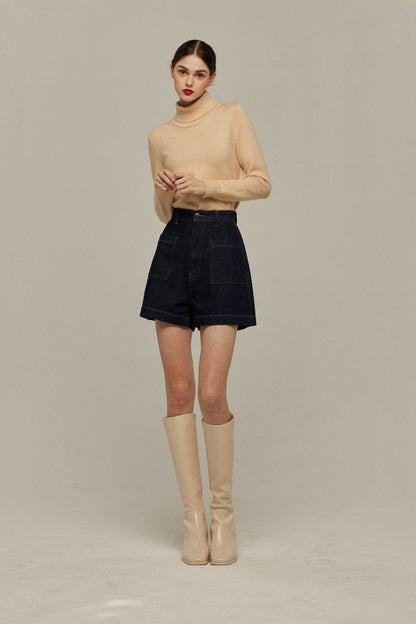 ハイウエストショートデニムパンツ-Navy