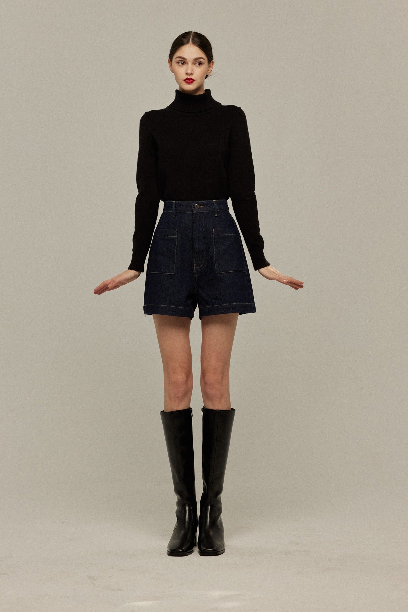 ハイウエストショートデニムパンツ-Navy