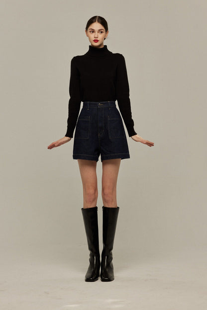 ハイウエストショートデニムパンツ-Navy