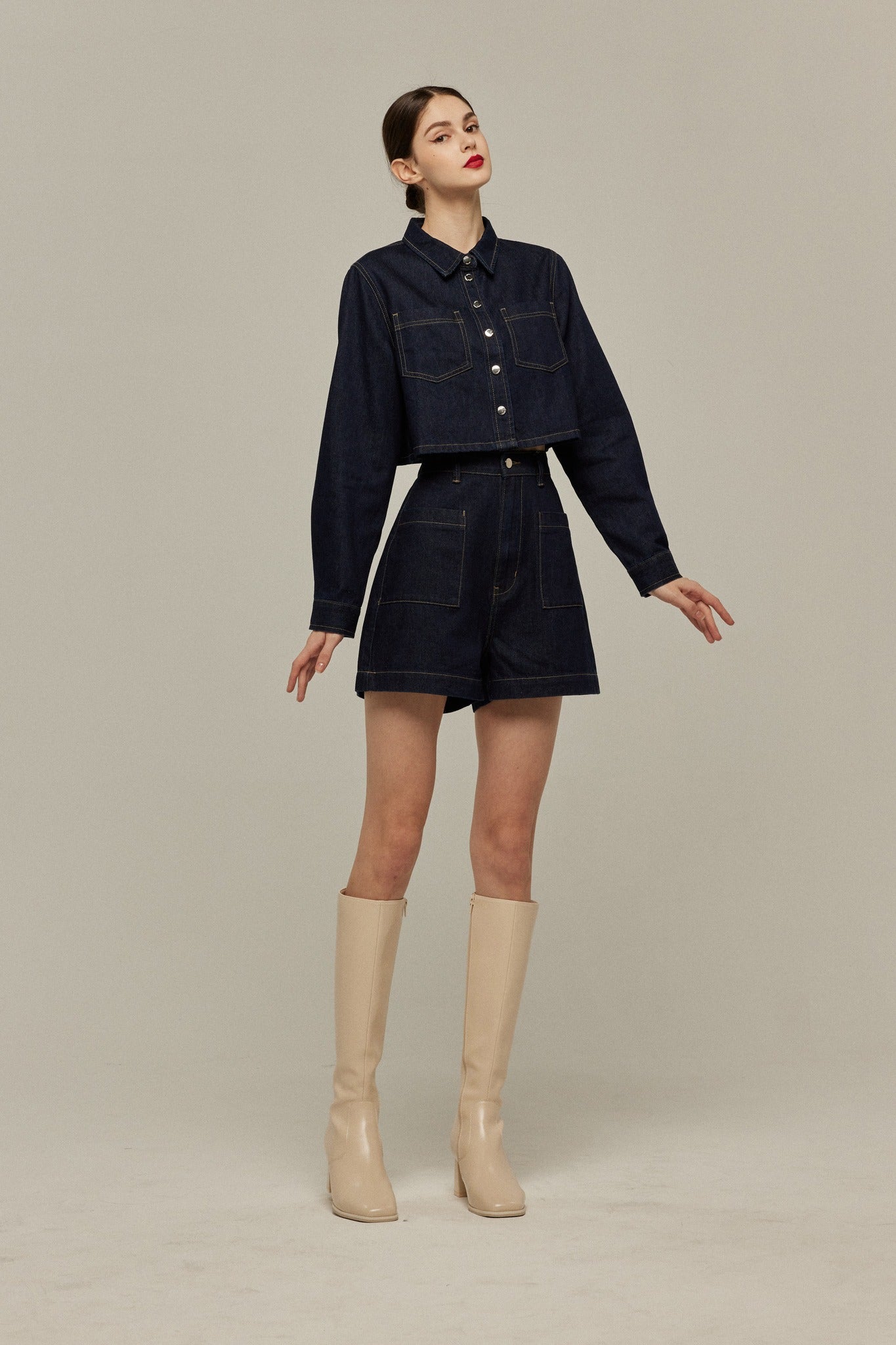 ハイウエストショートデニムパンツ-Navy