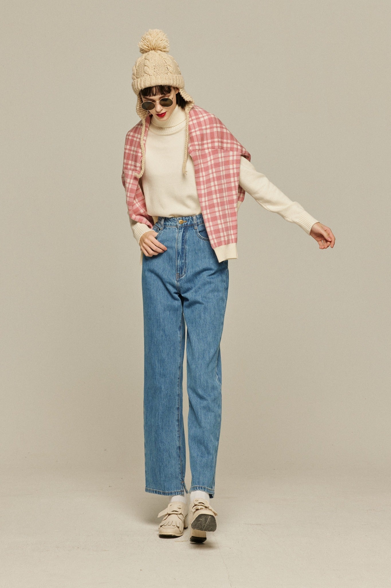 ハイウエストストレートデニムパンツ-Blue