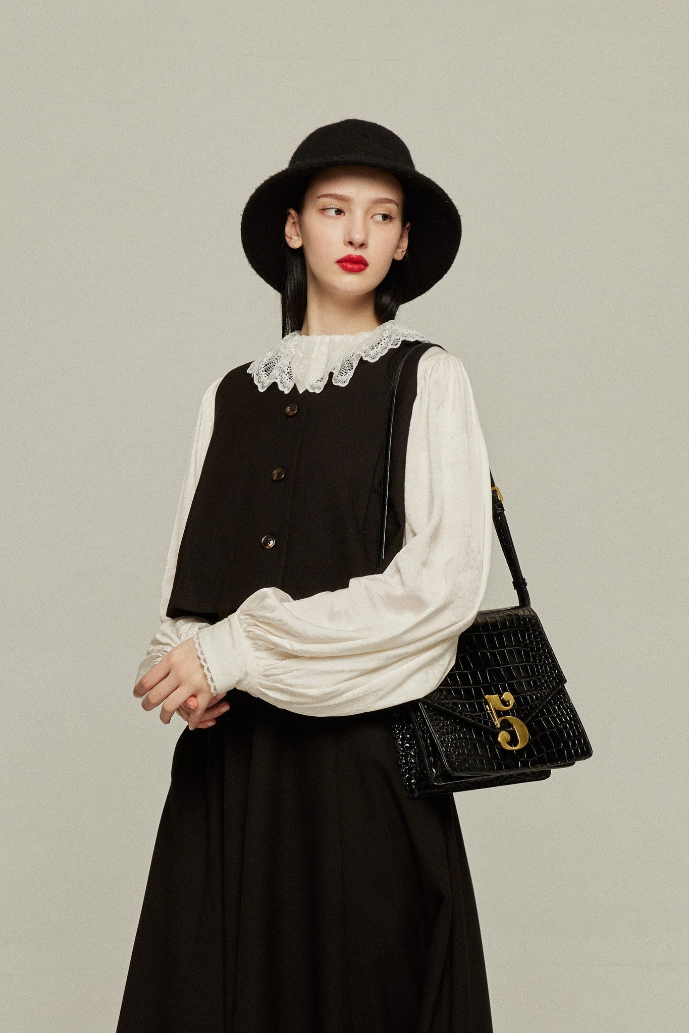 ハイウエストプリーツロングスカート-Black