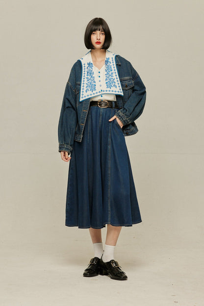 ハイウエストデニムスカート-Navy