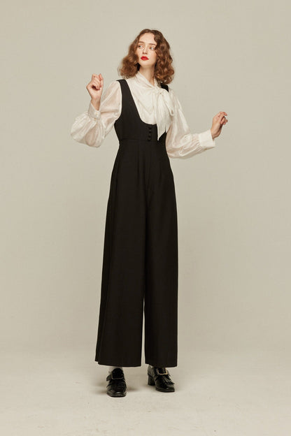 ハイウエストデザインバッククロスサロペット-Black