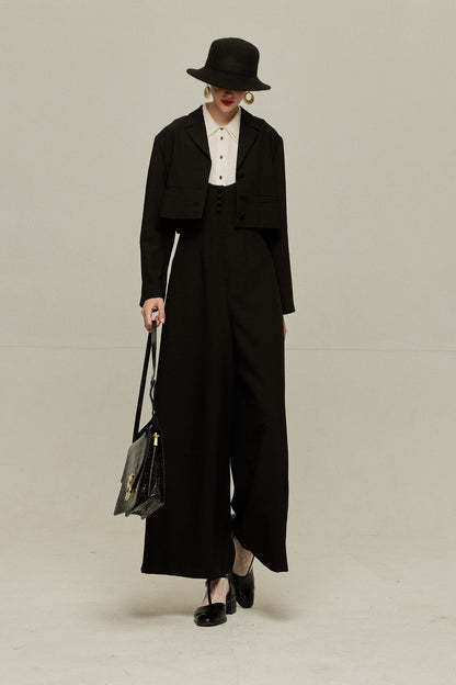 ハイウエストデザインバッククロスサロペット-Black