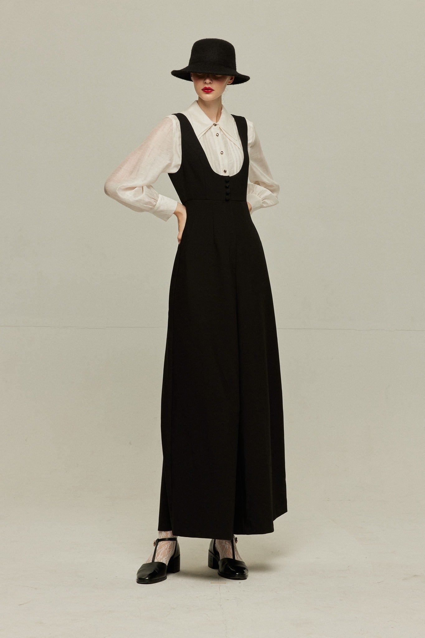 ハイウエストデザインバッククロスサロペット-Black