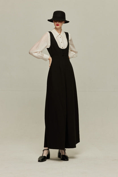 ハイウエストデザインバッククロスサロペット-Black