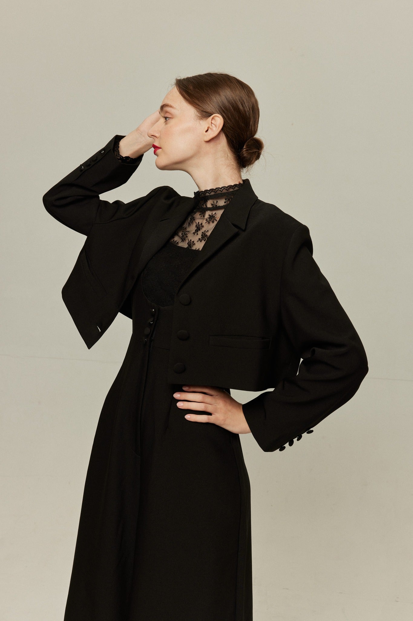 ハイウエストデザインバッククロスサロペット-Black