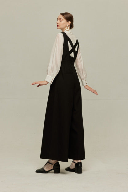 ハイウエストデザインバッククロスサロペット-Black