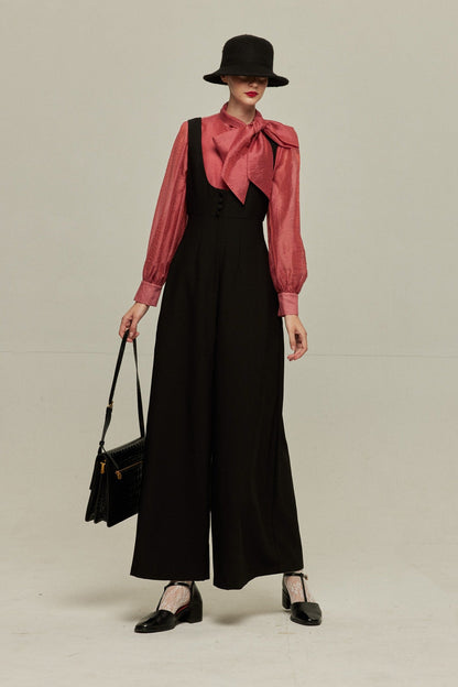 ハイウエストデザインバッククロスサロペット-Black