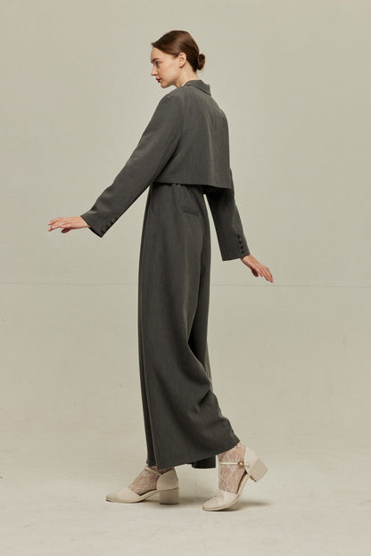ハイウエストデザインバッククロスサロペット-Gray