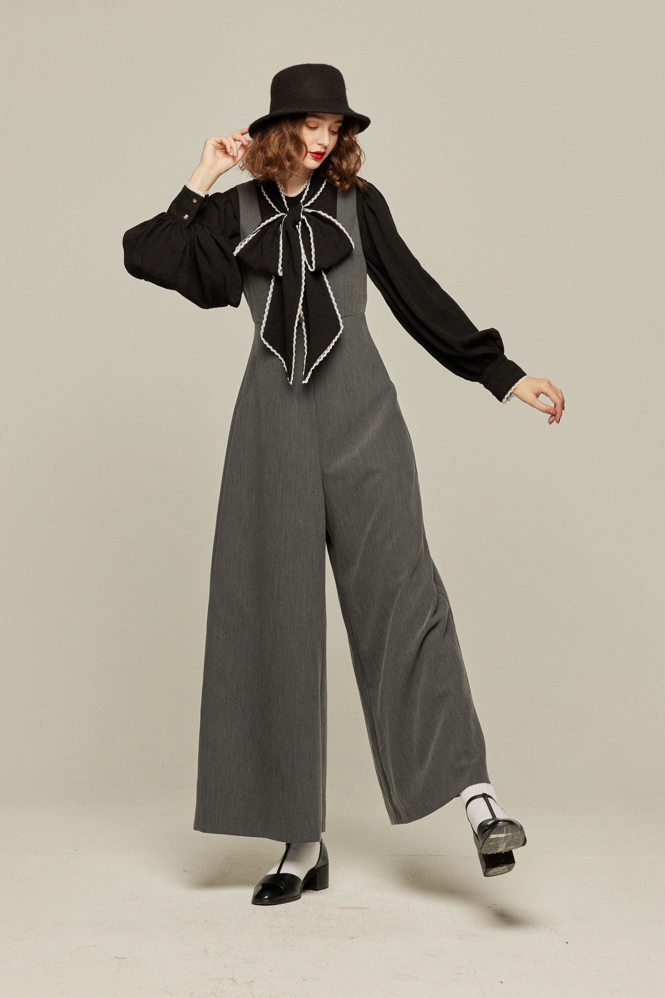 ハイウエストデザインバッククロスサロペット-Gray