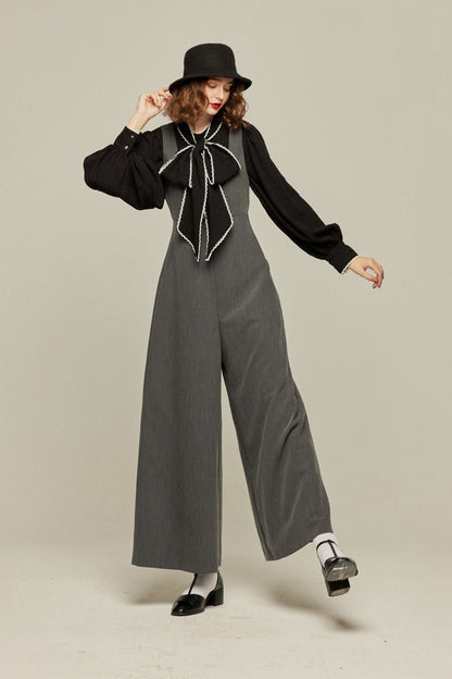 ハイウエストデザインバッククロスサロペット-Gray