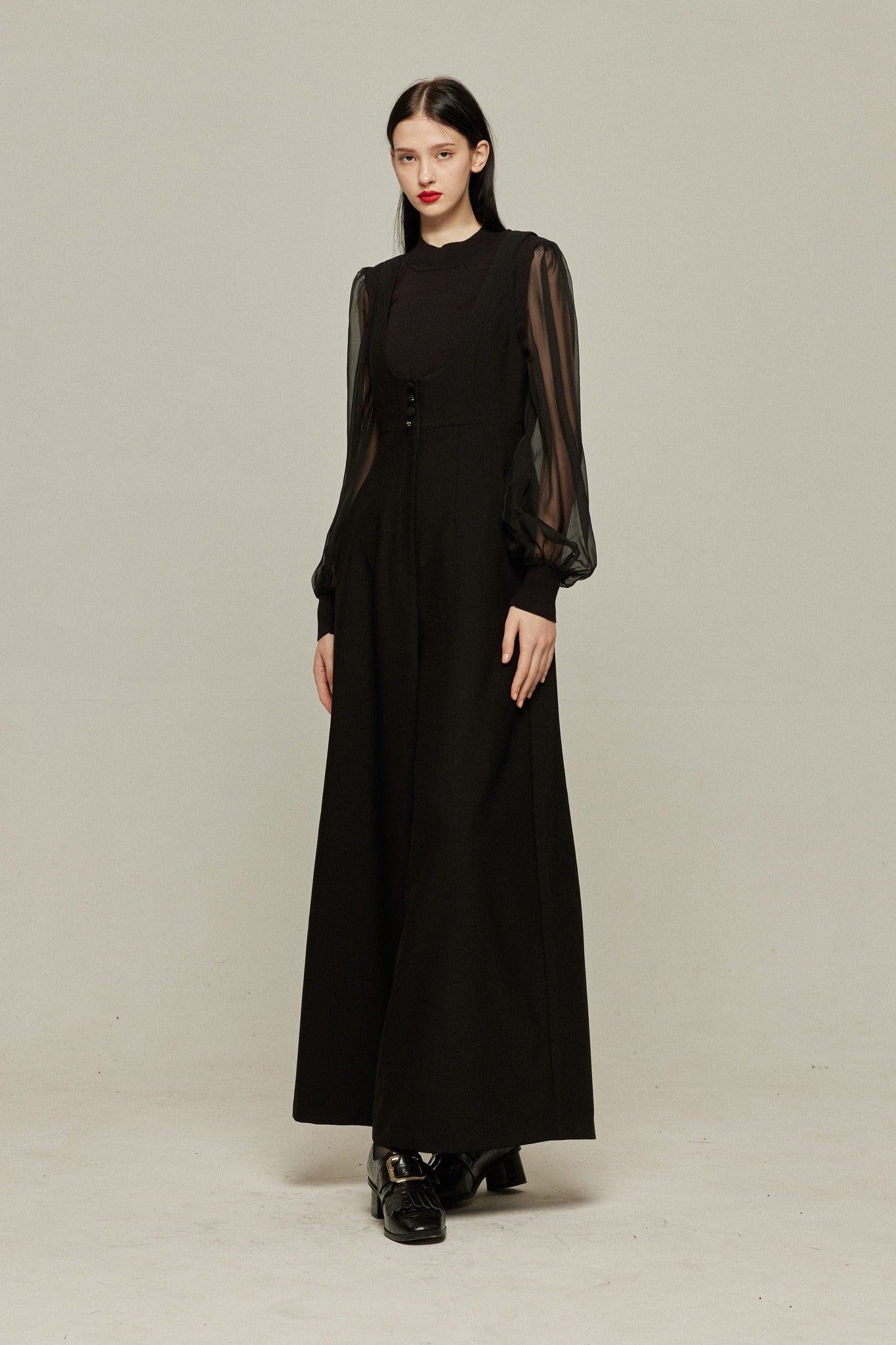 ハイウエストデザインバッククロスサロペット-Black