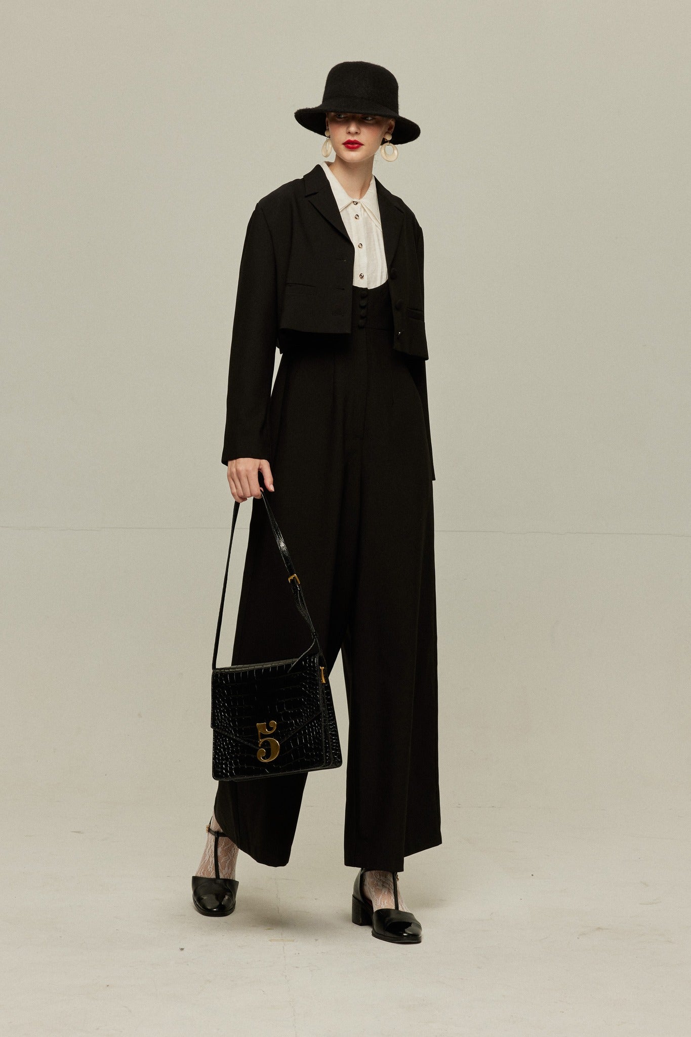ハイウエストデザインバッククロスサロペット-Black