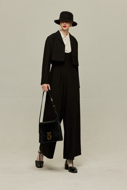ハイウエストデザインバッククロスサロペット-Black