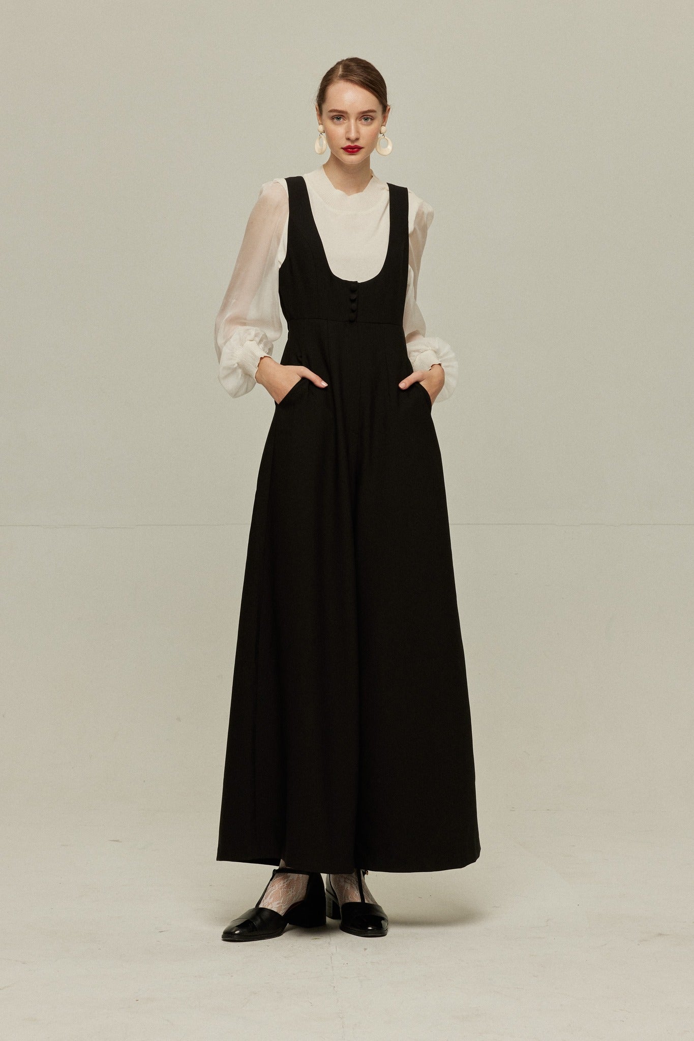 ハイウエストデザインバッククロスサロペット-Black