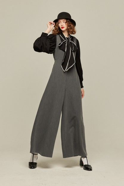 ハイウエストデザインバッククロスサロペット-Gray