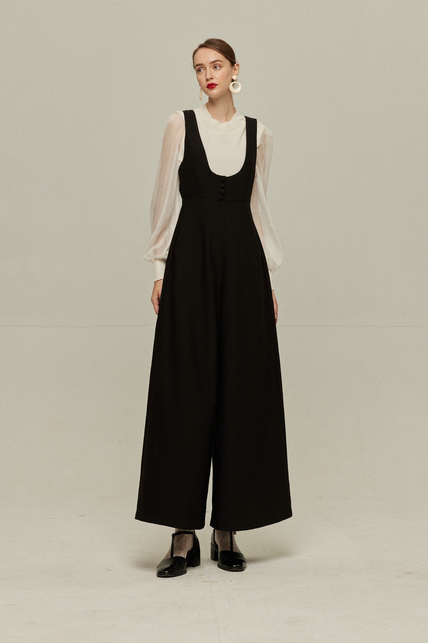 ハイウエストデザインバッククロスサロペット-Black