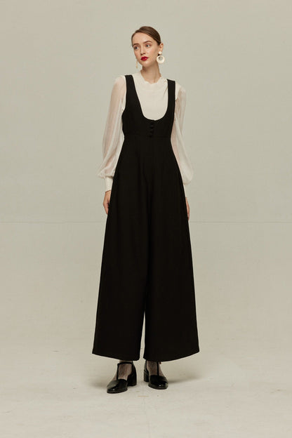 ハイウエストデザインバッククロスサロペット-Black