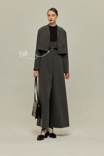 ハイウエストデザインバッククロスサロペット-Gray
