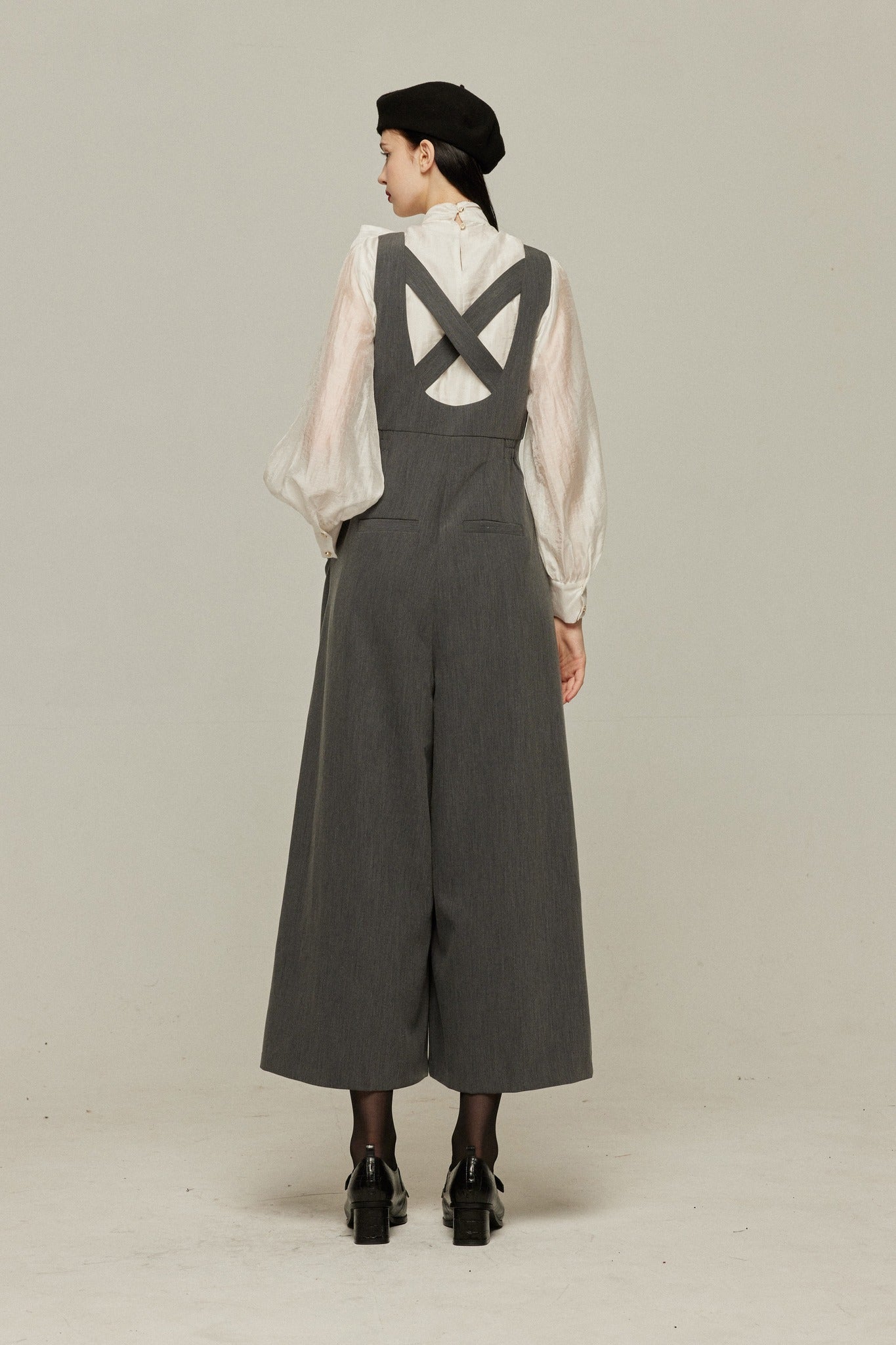 ハイウエストデザインバッククロスサロペット-Gray