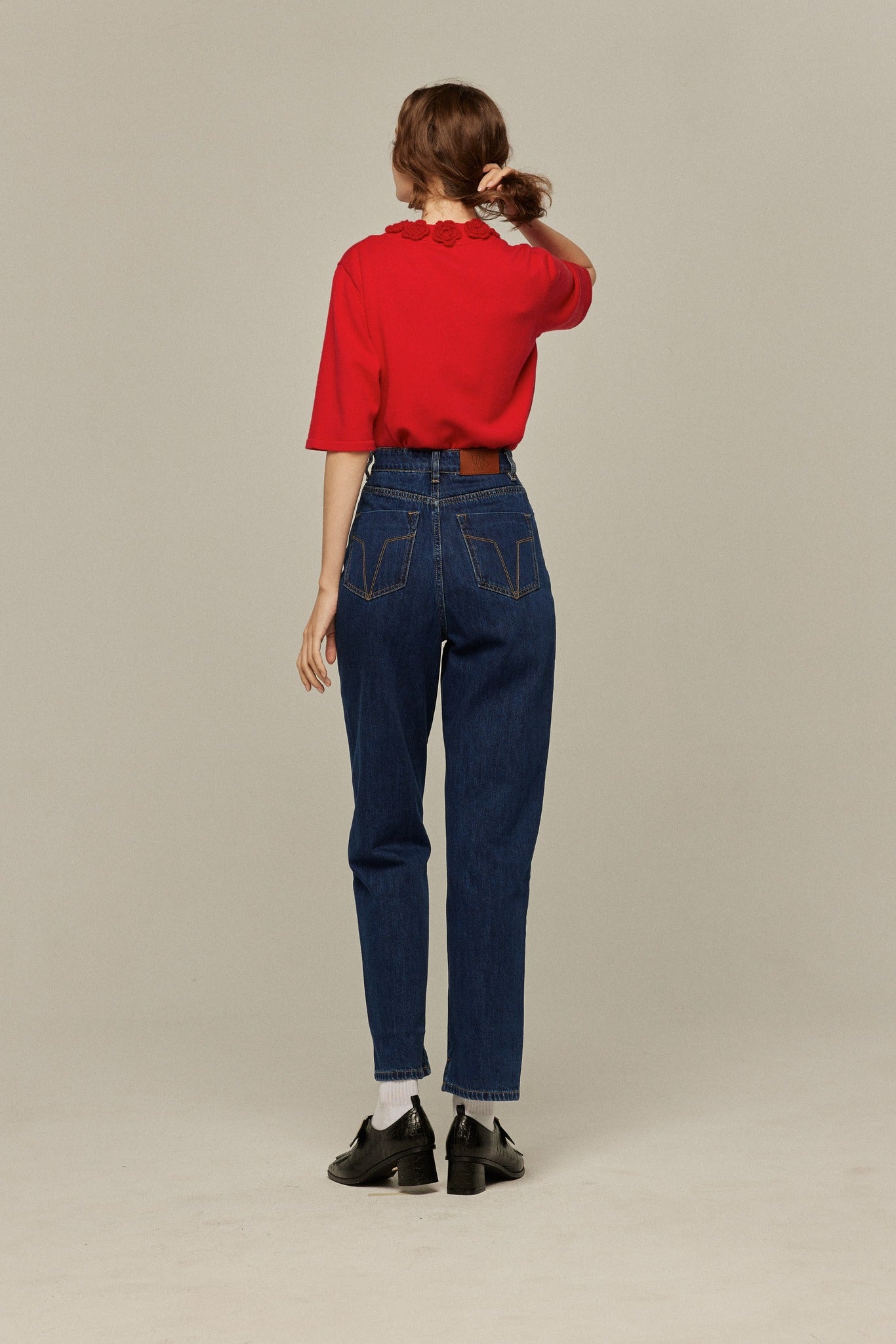 ハイウエストストレートデニムパンツ-Navy