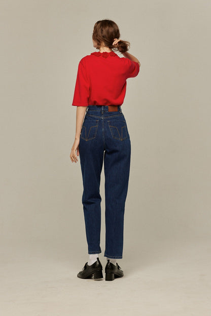 ハイウエストストレートデニムパンツ-Navy