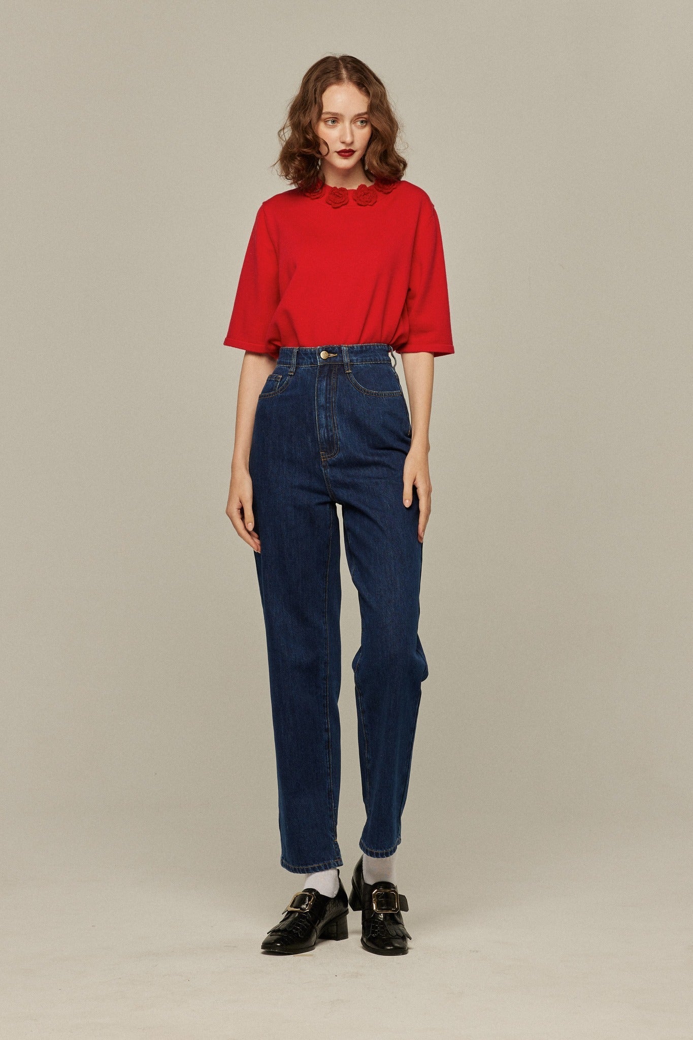 ハイウエストストレートデニムパンツ-Navy