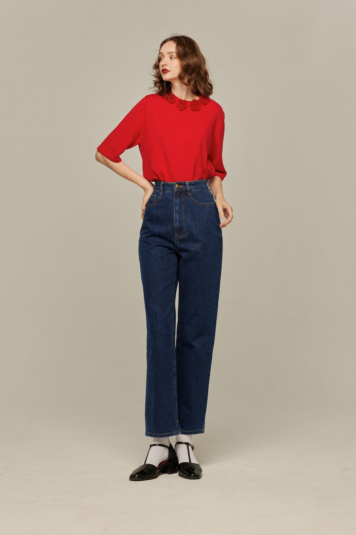 ハイウエストストレートデニムパンツ-Navy